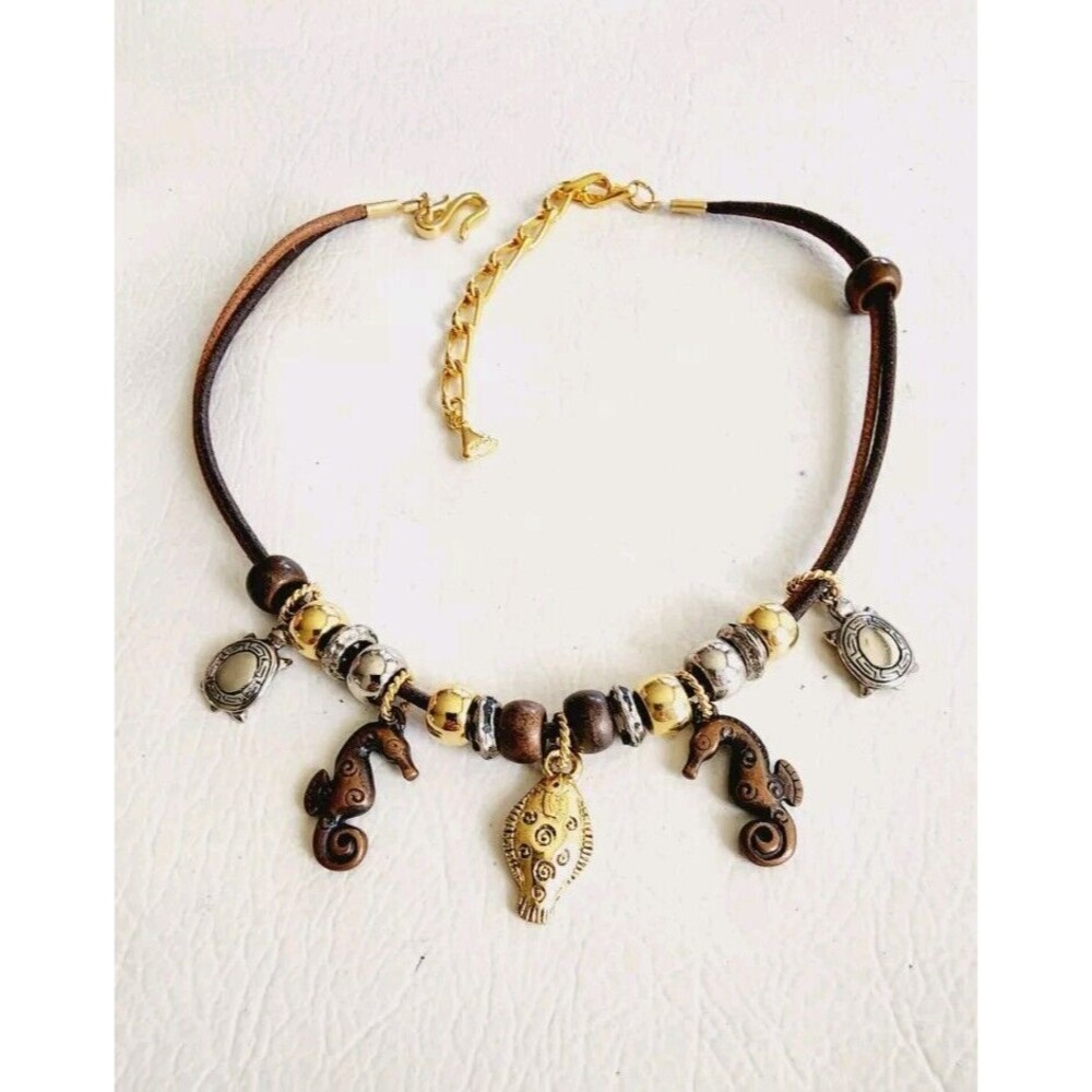 Liz Claiborne Vintage Leather Sea Life Turtle Charm Necklace Signed
